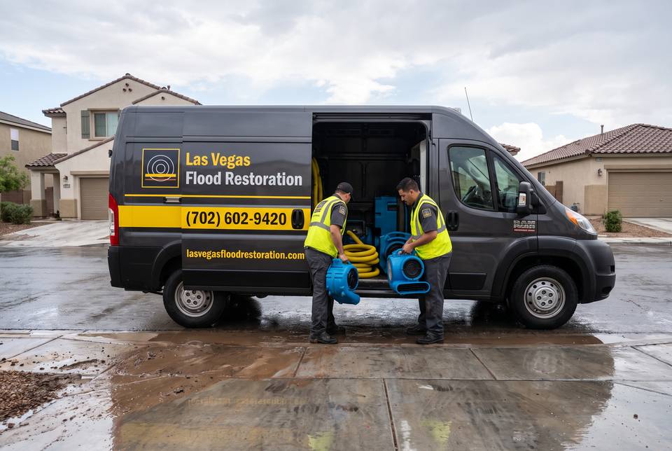 Two technicians in work gear unloading air movers from the back of the Las Vegas Flood Restoration van
